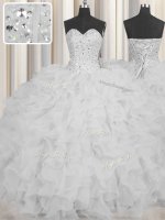 Custom Designed Visible Boning White Quinceanera Gowns Military Ball and Sweet 16 and Quinceanera with Beading and Ruffles and Sashes ribbons Sweetheart Sleeveless Lace Up