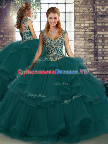 Enchanting Peacock Green Lace Up Sweet 16 Quinceanera Dress Beading and Ruffles Sleeveless Floor Length - Click Image to Close