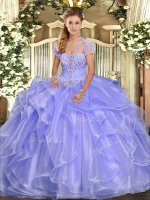 Excellent Lavender Organza Lace Up Quinceanera Gown Sleeveless Floor Length Appliques and Ruffles