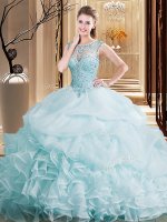 Scoop Pick Ups Ball Gowns Sleeveless Light Blue Quinceanera Dress Brush Train Lace Up