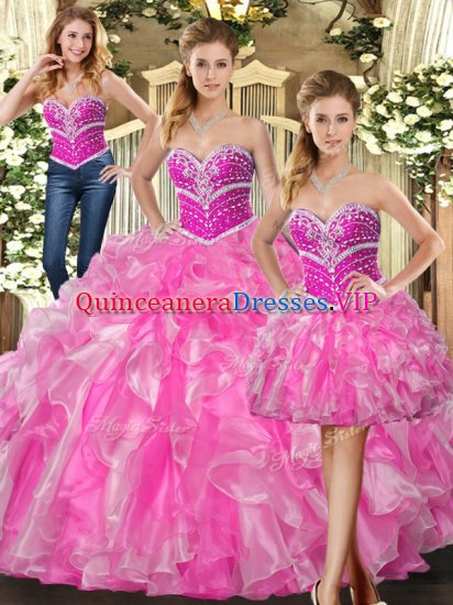 Rose Pink Sleeveless Floor Length Beading and Ruffles Lace Up Quinceanera Dress - Click Image to Close