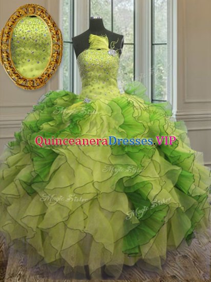 Beauteous Multi-color Ball Gowns Strapless Sleeveless Organza Floor Length Lace Up Beading and Ruffles Quince Ball Gowns - Click Image to Close