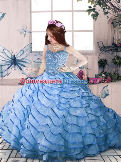 Blue Ball Gowns Organza Straps Sleeveless Beading and Ruffled Layers Floor Length Lace Up Little Girl Pageant Gowns Court Train - Click Image to Close