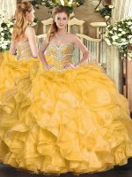 Adorable Gold Organza Lace Up Sweetheart Sleeveless Floor Length Quince Ball Gowns Beading and Ruffles(SKU SJQDDT1346002BIZ)