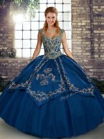 Blue Sleeveless Beading and Embroidery Floor Length Quinceanera Dress