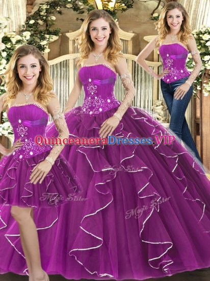 Edgy Purple Lace Up Strapless Beading and Ruffles 15th Birthday Dress Tulle Sleeveless - Click Image to Close
