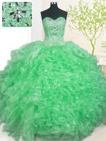 Organza Sweetheart Sleeveless Lace Up Beading and Ruffles and Pick Ups Ball Gown Prom Dress in Apple Green