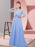 Classical Lavender Chiffon Side Zipper Quinceanera Dama Dress 3 4 Length Sleeve Floor Length Lace and Belt