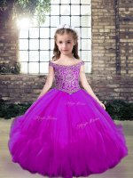 Off The Shoulder Sleeveless Girls Pageant Dresses Floor Length Beading Fuchsia Tulle