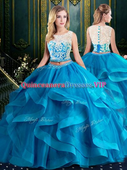 Sweet Baby Blue Zipper Scoop Lace and Ruffles Quinceanera Gowns Tulle Sleeveless Brush Train - Click Image to Close