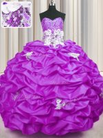 Hot Selling Taffeta Sweetheart Sleeveless Brush Train Lace Up Appliques and Sequins and Pick Ups 15th Birthday Dress in Lilac