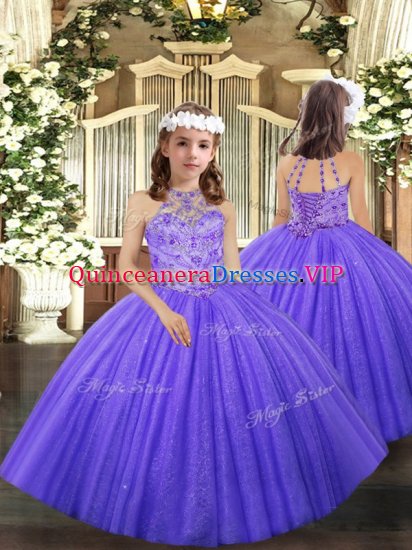 Fashionable Lavender Tulle Lace Up Child Pageant Dress Sleeveless Floor Length Beading and Ruffles - Click Image to Close
