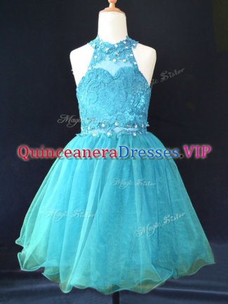 Custom Made Sleeveless Lace Up Mini Length Beading and Lace Child Pageant Dress