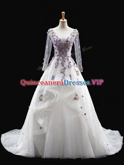 Spectacular Scoop Long Sleeves Brush Train Backless Quinceanera Gown White Tulle - Click Image to Close