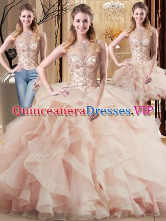 Exceptional Peach Ball Gown Prom Dress Scoop Sleeveless Brush Train Lace Up