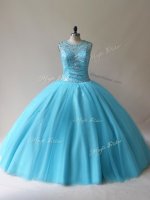 Floor Length Baby Blue Sweet 16 Dresses Tulle Sleeveless Beading