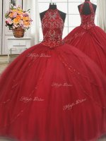 Discount Halter Top Red Ball Gown Prom Dress Tulle Court Train Sleeveless Beading and Appliques