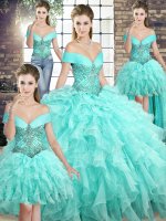 Custom Design Brush Train Ball Gowns Sweet 16 Dresses Aqua Blue Off The Shoulder Organza Sleeveless Lace Up