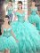 Custom Design Brush Train Ball Gowns Sweet 16 Dresses Aqua Blue Off The Shoulder Organza Sleeveless Lace Up