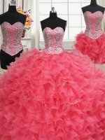 Smart Three Piece Coral Red Sweetheart Lace Up Beading and Ruffles 15 Quinceanera Dress Sleeveless
