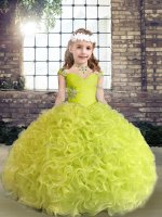 Excellent Yellow Green Ball Gowns Straps Sleeveless Fabric With Rolling Flowers Floor Length Lace Up Beading and Ruffles Little Girls Pageant Dress
