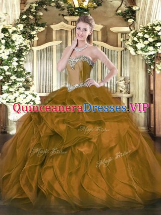 Romantic Brown Organza Lace Up Quince Ball Gowns Sleeveless Floor Length Beading and Ruffles