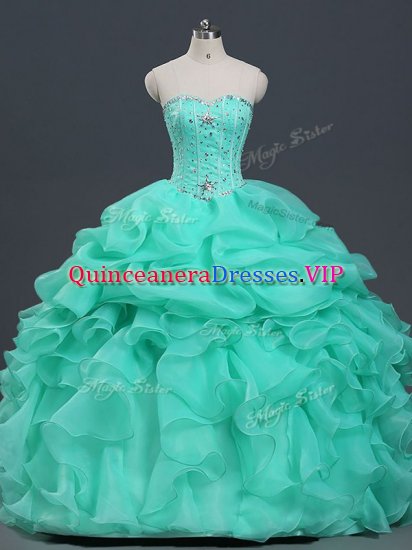 Vintage Apple Green Organza Lace Up Quinceanera Dresses Sleeveless Floor Length Beading and Ruffles and Pick Ups - Click Image to Close