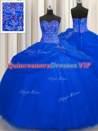 Classical Big Puffy Beading Quinceanera Gown Royal Blue Lace Up Sleeveless Floor Length