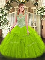 Dazzling Ball Gowns Tulle Scoop Sleeveless Beading and Ruffles Floor Length Lace Up Quinceanera Dresses