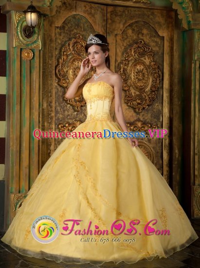 Stockbridge Georgia/GA Gorgeous Appliques Decorate Bodice Yellow Quinceanera Dress In New York Strapless Organza Ball Gown - Click Image to Close