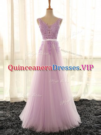 Lovely Lilac Sleeveless Tulle Lace Up Dama Dress for Prom and Party and Wedding Party