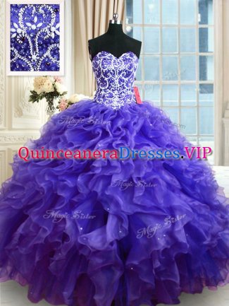 Deluxe Purple Organza Lace Up 15th Birthday Dress Sleeveless Floor Length Beading and Ruffles