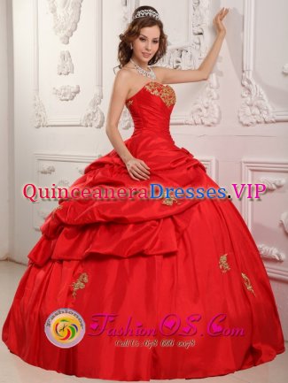 Deadwood South Dakota/SD Princess Strapless Appliques and Pick-ups For Wonderful Red Quinceanera Dress Sweetheart Taffeta