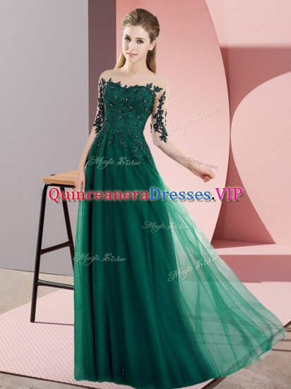 Sumptuous Half Sleeves Chiffon Floor Length Lace Up Damas Dress in Dark Green with Beading and Lace - Click Image to Close