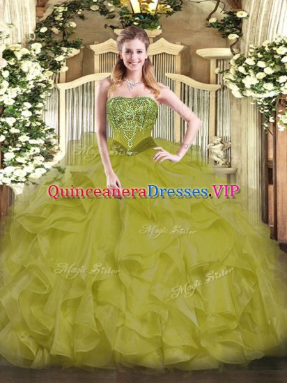 Olive Green Organza Lace Up Strapless Sleeveless Floor Length 15 Quinceanera Dress Beading and Ruffles - Click Image to Close