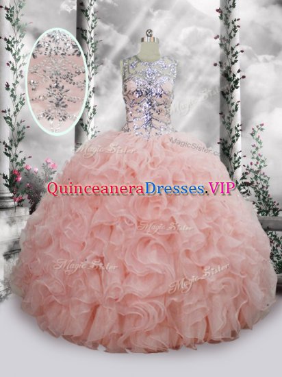 Sleeveless Floor Length Beading and Ruffles Lace Up 15 Quinceanera Dress with Baby Pink - Click Image to Close