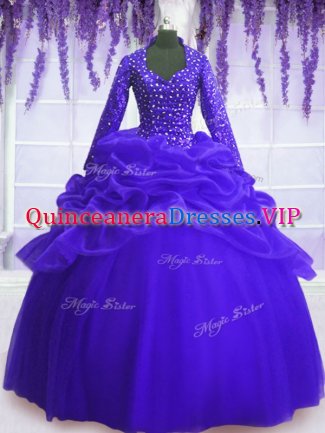 Royal Blue Organza Zipper V-neck Long Sleeves Floor Length Quinceanera Gown Sequins and Pick Ups