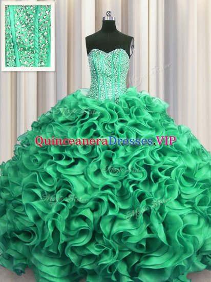 Visible Boning Turquoise Lace Up 15 Quinceanera Dress Beading and Ruffles Sleeveless Floor Length - Click Image to Close