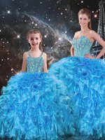 Excellent Baby Blue Sweet 16 Quinceanera Dress Military Ball and Sweet 16 and Quinceanera with Beading and Ruffles Sweetheart Sleeveless Lace Up