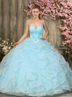 Aqua Blue Tulle Lace Up Quinceanera Gowns Sleeveless Floor Length Beading and Ruffles
