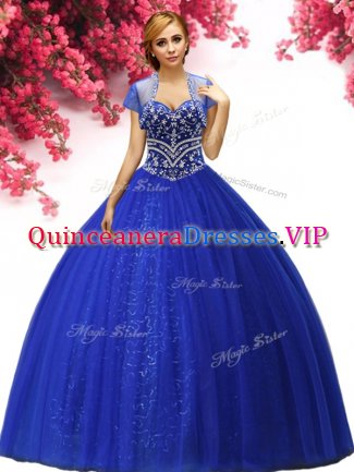 Royal Blue Ball Gowns Beading 15 Quinceanera Dress Lace Up Tulle Sleeveless Floor Length