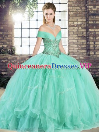 Ideal Floor Length Apple Green Sweet 16 Dress Off The Shoulder Sleeveless Lace Up