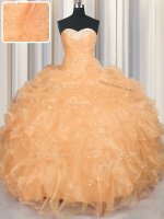 Stunning Beading and Ruffles Quince Ball Gowns Orange Lace Up Sleeveless Floor Length