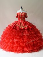 Beauteous Off The Shoulder Sleeveless Lace Up Quinceanera Dresses Red Organza