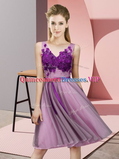 Suitable Lilac Quinceanera Dama Dress Wedding Party with Appliques V-neck Sleeveless Lace Up - Click Image to Close