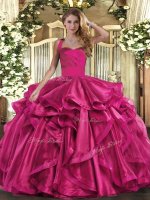 Fuchsia Organza Lace Up Sweet 16 Dress Sleeveless Floor Length Ruffles(SKU SJQDDT1649002-1BIZ)