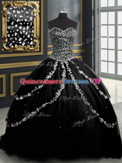 New Style With Train Lace Up Quinceanera Dress Black for Military Ball and Sweet 16 and Quinceanera with Beading and Appliques Brush Train - Click Image to Close