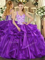 Captivating Sleeveless Organza Floor Length Lace Up Quinceanera Gown in Eggplant Purple with Beading and Appliques and Ruffles(SKU SJQDDT1173002BIZ)