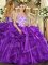 Captivating Sleeveless Organza Floor Length Lace Up Quinceanera Gown in Eggplant Purple with Beading and Appliques and Ruffles