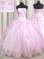 Sleeveless Floor Length Appliques Lace Up 15 Quinceanera Dress with Baby Pink